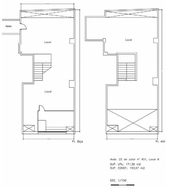 Croquis de l'immoble: planta baixa amb lavabo i escala, i planta altell. Escala 1/100.