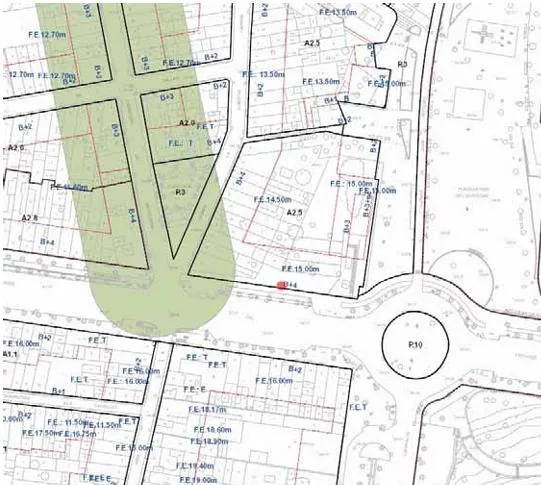 Plànol urbanístic de la zona amb la posició del local marcada en vermell, al Passeig 22 de Juliol