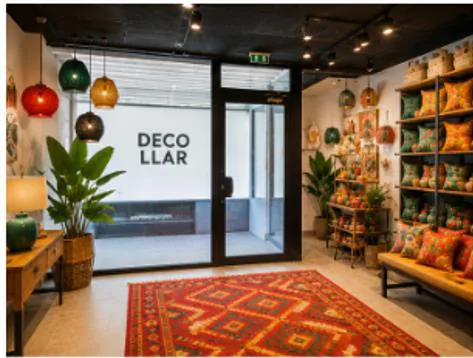 Recreació virtual de l'entrada d'una botiga de decoració amb làmpades i catifes