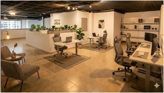 Recreació virtual d'oficines a la planta superior, amb recepció i zones de treball