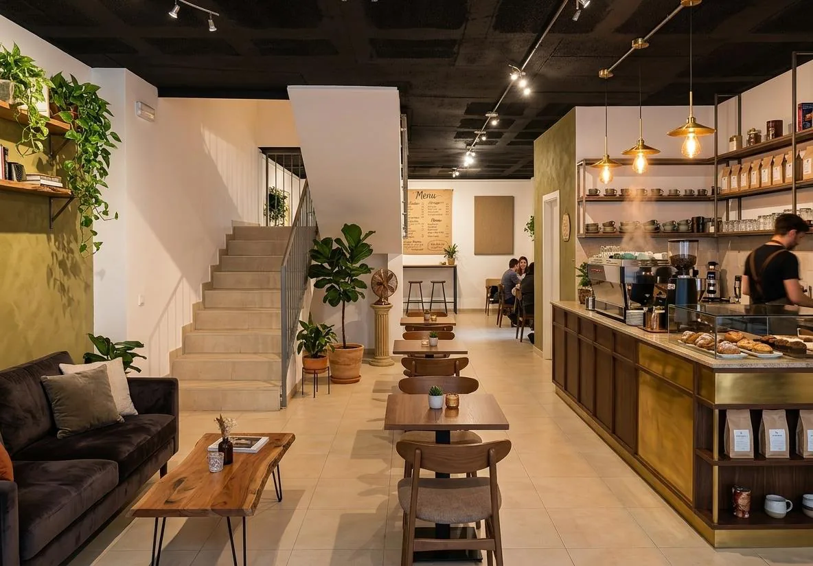 Recreació virtual d'una cafeteria a la planta baixa, amb barra, taules i l'escala al fons