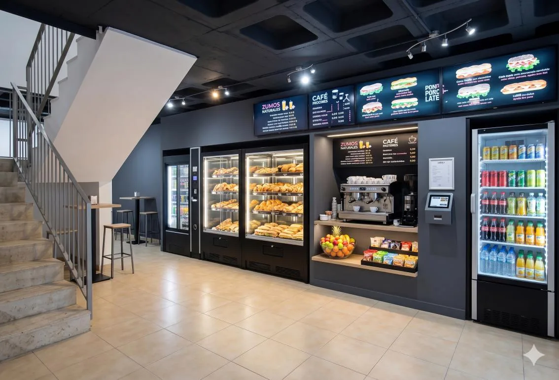 Recreació virtual d'un punt de venda amb màquines de cafè i vitrines